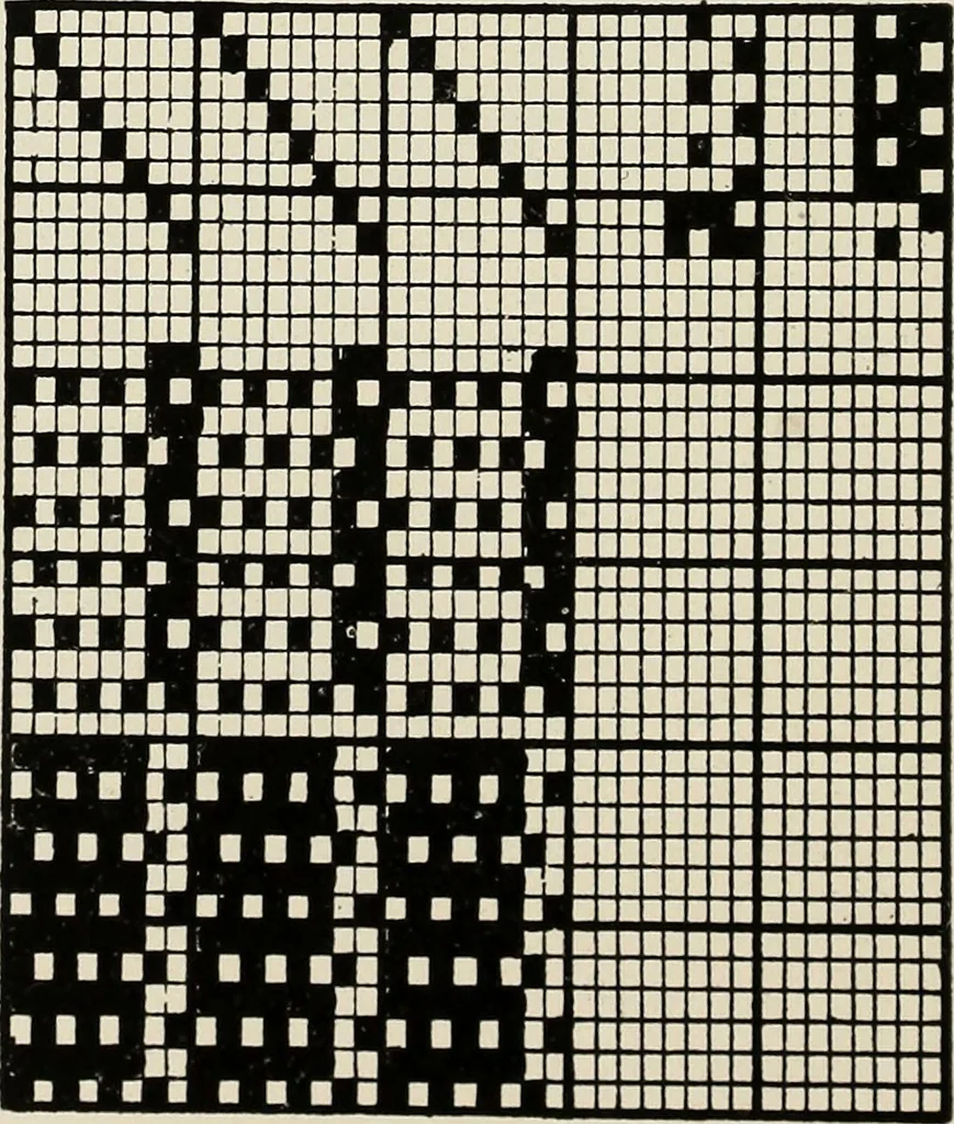 An illustration from Theory of silk weaving; a treatise on the construction and application of weaves, and the decomposition and calculation of broad and narrow, plain, novelty and jacquard silk fabrics, 1921, leaf 55