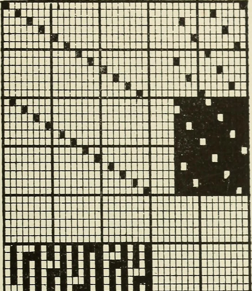 An illustration from Theory of silk weaving; a treatise on the construction and application of weaves, and the decomposition and calculation of broad and narrow, plain, novelty and jacquard silk fabrics, 1921, leaf 60