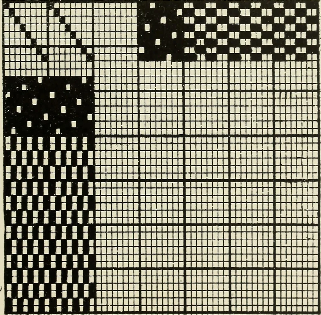 An illustration from Theory of silk weaving; a treatise on the construction and application of weaves, and the decomposition and calculation of broad and narrow, plain, novelty and jacquard silk fabrics, 1921, leaf 66