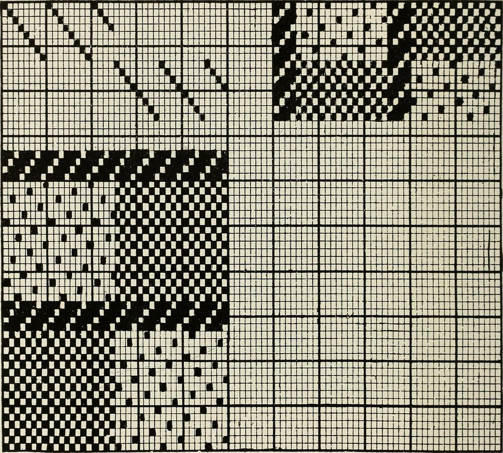An illustration from Theory of silk weaving; a treatise on the construction and application of weaves, and the decomposition and calculation of broad and narrow, plain, novelty and jacquard silk fabrics, 1921, leaf 69