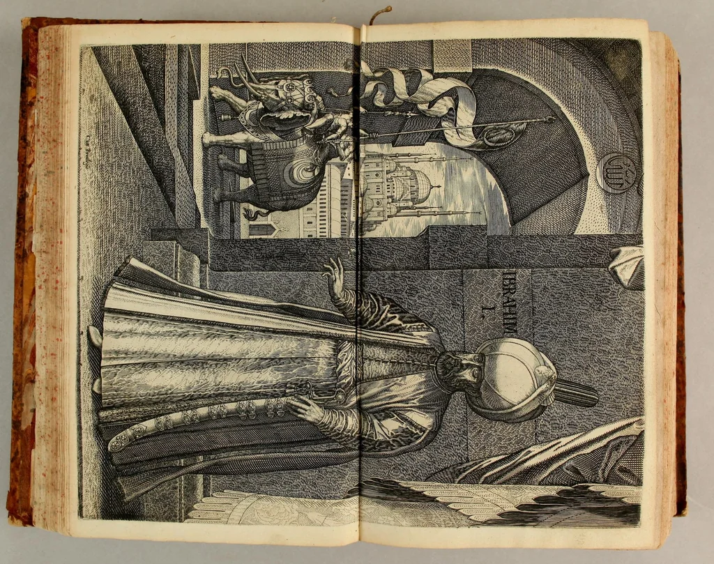 An illustration from Thesaurus exoticorum. : Oder eine mit aussländischen Raritäten und Geschichten wohlversehene Schatz-Kammer fürstellend die asiatische, africanische und americanische Nationes der Berser, Indianer, Sinesin, Tartaren, Egypter, Barbarn, Libyer, Nigriten, Guineer. Hottentotten, Abyssiner, Canadenser, Virgenier, Floridaner, Mexicaner, Peruaner, Chilenser, Magellanier und Brasilianer etc. Nach ihren königreichen, Policeyen, Kleydungen, Sitten und Gottes-Dienst. Darauff folget eine umständliche Beschreibung von Türckey: der Türcken Ankunfft; aller Sultanen Lebens-Lauff und Bildnüss; aller hohen Staats-Bedienten; des Sultans Hoff, Regierung, Intraden, Macht und Vasallen; wie auch ihres Propheten Mahomets Lebens-Beschreibung, und sein verfluchtes Gesetz-Buch oder Alkoran. Alssdann eine kürtzbündige Beschreibung von Ungarn: nach seiner grösse, Fruchtbarkeit, Macht, Städten und vielen Vestungen von Wien biss nach Constantinopel hinaus. Da es dann Gelegenheit gibt zu Reden von den 4 Monarchien, der Assyrer, Perser, Griechen und Römer: aller Käysern, von Nimrod an biss auff den grossen Leopoldum, und so dann von allen Hertzogen und Königen von Ungarn sampt ihren Rildnüssen. Hiernechst eine umbständliche Beschreibung des Lebens-Lauffs Ihrer Käyserl. Mayest. Leopoldi I. und des itzo annoch wehrenden bluthigen Türcken-Krieges, und was in demselben Denckwürdiges in Ungarn, Pohlen und Morea passiret. Alles mit grosser Mühe und Fleiss aus den berühmtesten Scribenten zusammen getragen, mit schönen Kupfern und Landkarten, auch andern Figuren in sehr grosser Anzahl, 1688, leaf 157