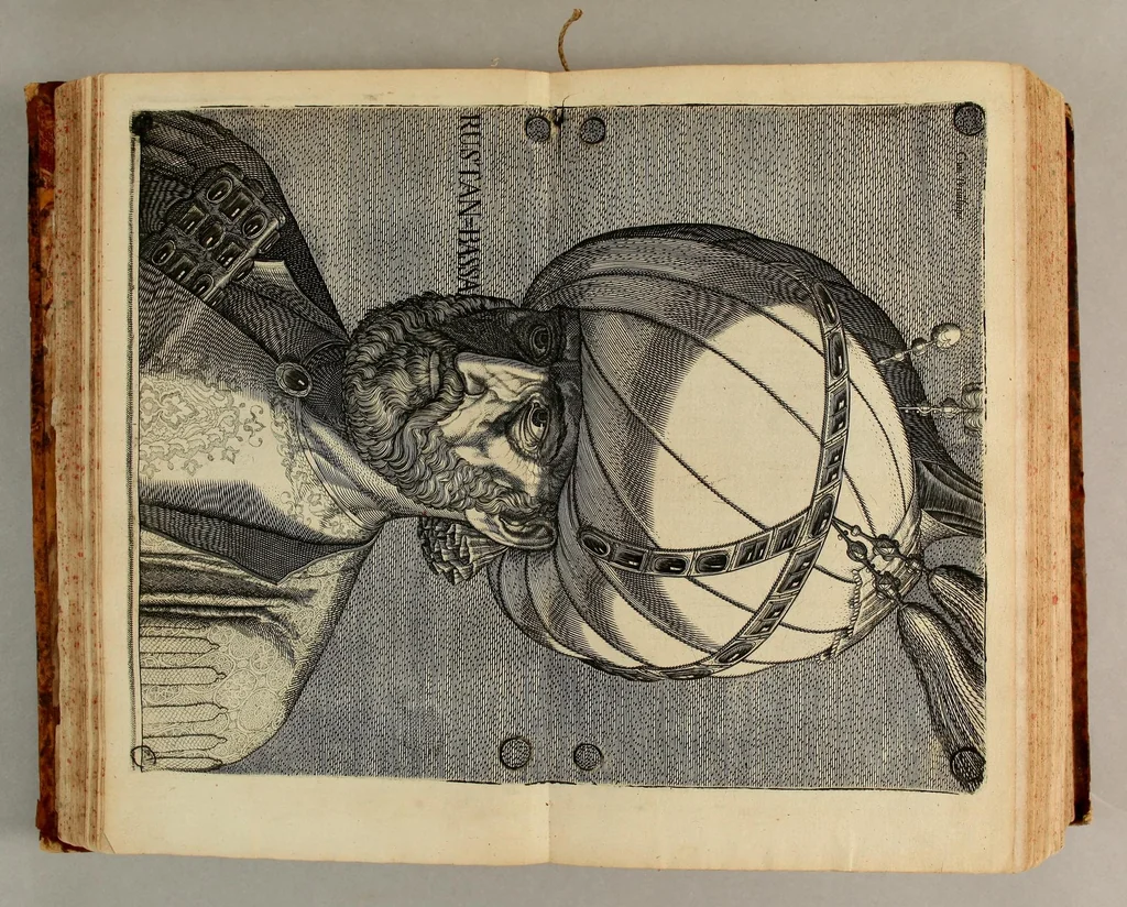 An illustration from Thesaurus exoticorum. : Oder eine mit aussländischen Raritäten und Geschichten wohlversehene Schatz-Kammer fürstellend die asiatische, africanische und americanische Nationes der Berser, Indianer, Sinesin, Tartaren, Egypter, Barbarn, Libyer, Nigriten, Guineer. Hottentotten, Abyssiner, Canadenser, Virgenier, Floridaner, Mexicaner, Peruaner, Chilenser, Magellanier und Brasilianer etc. Nach ihren königreichen, Policeyen, Kleydungen, Sitten und Gottes-Dienst. Darauff folget eine umständliche Beschreibung von Türckey: der Türcken Ankunfft; aller Sultanen Lebens-Lauff und Bildnüss; aller hohen Staats-Bedienten; des Sultans Hoff, Regierung, Intraden, Macht und Vasallen; wie auch ihres Propheten Mahomets Lebens-Beschreibung, und sein verfluchtes Gesetz-Buch oder Alkoran. Alssdann eine kürtzbündige Beschreibung von Ungarn: nach seiner grösse, Fruchtbarkeit, Macht, Städten und vielen Vestungen von Wien biss nach Constantinopel hinaus. Da es dann Gelegenheit gibt zu Reden von den 4 Monarchien, der Assyrer, Perser, Griechen und Römer: aller Käysern, von Nimrod an biss auff den grossen Leopoldum, und so dann von allen Hertzogen und Königen von Ungarn sampt ihren Rildnüssen. Hiernechst eine umbständliche Beschreibung des Lebens-Lauffs Ihrer Käyserl. Mayest. Leopoldi I. und des itzo annoch wehrenden bluthigen Türcken-Krieges, und was in demselben Denckwürdiges in Ungarn, Pohlen und Morea passiret. Alles mit grosser Mühe und Fleiss aus den berühmtesten Scribenten zusammen getragen, mit schönen Kupfern und Landkarten, auch andern Figuren in sehr grosser Anzahl, 1688, leaf 189