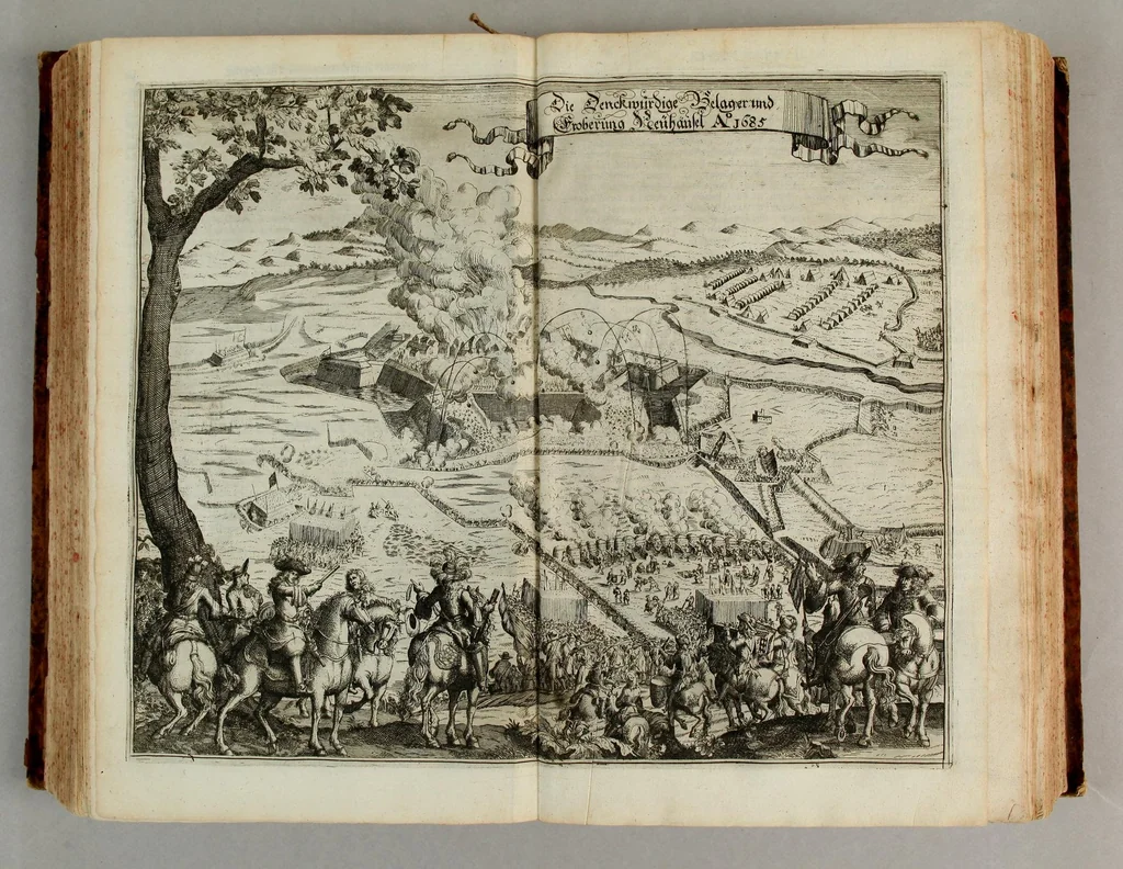 An illustration from Thesaurus exoticorum. : Oder eine mit aussländischen Raritäten und Geschichten wohlversehene Schatz-Kammer fürstellend die asiatische, africanische und americanische Nationes der Berser, Indianer, Sinesin, Tartaren, Egypter, Barbarn, Libyer, Nigriten, Guineer. Hottentotten, Abyssiner, Canadenser, Virgenier, Floridaner, Mexicaner, Peruaner, Chilenser, Magellanier und Brasilianer etc. Nach ihren königreichen, Policeyen, Kleydungen, Sitten und Gottes-Dienst. Darauff folget eine umständliche Beschreibung von Türckey: der Türcken Ankunfft; aller Sultanen Lebens-Lauff und Bildnüss; aller hohen Staats-Bedienten; des Sultans Hoff, Regierung, Intraden, Macht und Vasallen; wie auch ihres Propheten Mahomets Lebens-Beschreibung, und sein verfluchtes Gesetz-Buch oder Alkoran. Alssdann eine kürtzbündige Beschreibung von Ungarn: nach seiner grösse, Fruchtbarkeit, Macht, Städten und vielen Vestungen von Wien biss nach Constantinopel hinaus. Da es dann Gelegenheit gibt zu Reden von den 4 Monarchien, der Assyrer, Perser, Griechen und Römer: aller Käysern, von Nimrod an biss auff den grossen Leopoldum, und so dann von allen Hertzogen und Königen von Ungarn sampt ihren Rildnüssen. Hiernechst eine umbständliche Beschreibung des Lebens-Lauffs Ihrer Käyserl. Mayest. Leopoldi I. und des itzo annoch wehrenden bluthigen Türcken-Krieges, und was in demselben Denckwürdiges in Ungarn, Pohlen und Morea passiret. Alles mit grosser Mühe und Fleiss aus den berühmtesten Scribenten zusammen getragen, mit schönen Kupfern und Landkarten, auch andern Figuren in sehr grosser Anzahl, 1688, leaf 437