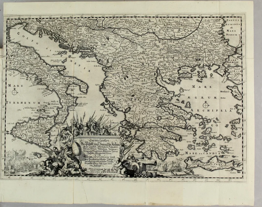 An illustration from Thesaurus exoticorum. : Oder eine mit aussländischen Raritäten und Geschichten wohlversehene Schatz-Kammer fürstellend die asiatische, africanische und americanische Nationes der Berser, Indianer, Sinesin, Tartaren, Egypter, Barbarn, Libyer, Nigriten, Guineer. Hottentotten, Abyssiner, Canadenser, Virgenier, Floridaner, Mexicaner, Peruaner, Chilenser, Magellanier und Brasilianer etc. Nach ihren königreichen, Policeyen, Kleydungen, Sitten und Gottes-Dienst. Darauff folget eine umständliche Beschreibung von Türckey: der Türcken Ankunfft; aller Sultanen Lebens-Lauff und Bildnüss; aller hohen Staats-Bedienten; des Sultans Hoff, Regierung, Intraden, Macht und Vasallen; wie auch ihres Propheten Mahomets Lebens-Beschreibung, und sein verfluchtes Gesetz-Buch oder Alkoran. Alssdann eine kürtzbündige Beschreibung von Ungarn: nach seiner grösse, Fruchtbarkeit, Macht, Städten und vielen Vestungen von Wien biss nach Constantinopel hinaus. Da es dann Gelegenheit gibt zu Reden von den 4 Monarchien, der Assyrer, Perser, Griechen und Römer: aller Käysern, von Nimrod an biss auff den grossen Leopoldum, und so dann von allen Hertzogen und Königen von Ungarn sampt ihren Rildnüssen. Hiernechst eine umbständliche Beschreibung des Lebens-Lauffs Ihrer Käyserl. Mayest. Leopoldi I. und des itzo annoch wehrenden bluthigen Türcken-Krieges, und was in demselben Denckwürdiges in Ungarn, Pohlen und Morea passiret. Alles mit grosser Mühe und Fleiss aus den berühmtesten Scribenten zusammen getragen, mit schönen Kupfern und Landkarten, auch andern Figuren in sehr grosser Anzahl, 1688, leaf 495