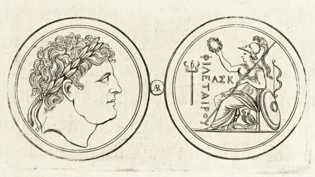 An illustration from Thesaurus ex Thesauro Palatino selectus, sive, Gemmarum et numismatum quae in electorali cimeliarchio continentur elegantiorum aere expressa, et convenienti commentario illustrata dispositio, 1685, leaf 179