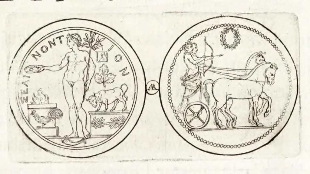 An illustration from Thesaurus ex Thesauro Palatino selectus, sive, Gemmarum et numismatum quae in electorali cimeliarchio continentur elegantiorum aere expressa, et convenienti commentario illustrata dispositio, 1685, leaf 233