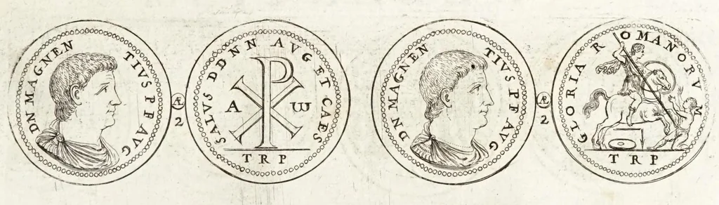 An illustration from Thesaurus ex Thesauro Palatino selectus, sive, Gemmarum et numismatum quae in electorali cimeliarchio continentur elegantiorum aere expressa, et convenienti commentario illustrata dispositio, 1685, leaf 405