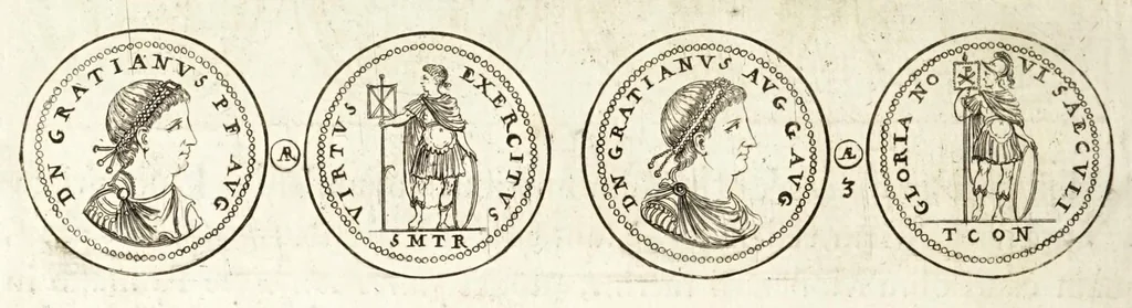 An illustration from Thesaurus ex Thesauro Palatino selectus, sive, Gemmarum et numismatum quae in electorali cimeliarchio continentur elegantiorum aere expressa, et convenienti commentario illustrata dispositio, 1685, leaf 414