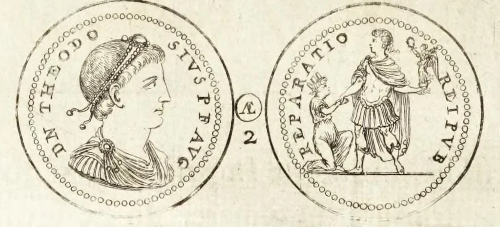 An illustration from Thesaurus ex Thesauro Palatino selectus, sive, Gemmarum et numismatum quae in electorali cimeliarchio continentur elegantiorum aere expressa, et convenienti commentario illustrata dispositio, 1685, leaf 418