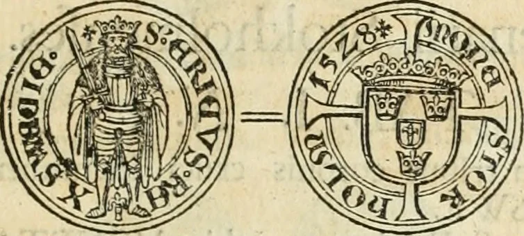 An illustration from Thesaurus nummorum sueo-gothicorum : studio indefesso Eliae Brenneri L. annorum spatio collectus, secundum seriem temporum dispositus, atqve e tenebris, cum commentatione in apricum prolatus ; accessit ejusdem auctoris Libellus de nummophylaciis Sveciae: de scriptoribus rei nummariae svethicae, atque de thesauris, seu variis vetustorum nummorum cumulis, passim per Sveoniam fortuito casu repertis, 1731, leaf 100