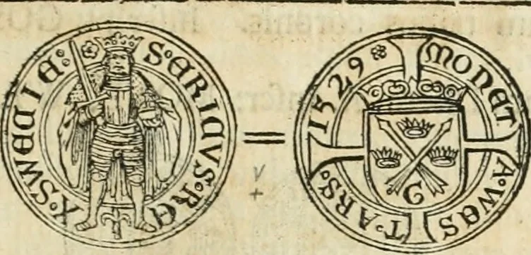 An illustration from Thesaurus nummorum sueo-gothicorum : studio indefesso Eliae Brenneri L. annorum spatio collectus, secundum seriem temporum dispositus, atqve e tenebris, cum commentatione in apricum prolatus ; accessit ejusdem auctoris Libellus de nummophylaciis Sveciae: de scriptoribus rei nummariae svethicae, atque de thesauris, seu variis vetustorum nummorum cumulis, passim per Sveoniam fortuito casu repertis, 1731, leaf 106