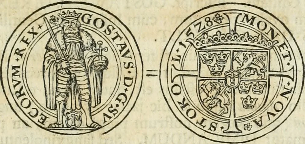An illustration from Thesaurus nummorum sueo-gothicorum : studio indefesso Eliae Brenneri L. annorum spatio collectus, secundum seriem temporum dispositus, atqve e tenebris, cum commentatione in apricum prolatus ; accessit ejusdem auctoris Libellus de nummophylaciis Sveciae: de scriptoribus rei nummariae svethicae, atque de thesauris, seu variis vetustorum nummorum cumulis, passim per Sveoniam fortuito casu repertis, 1731, leaf 108