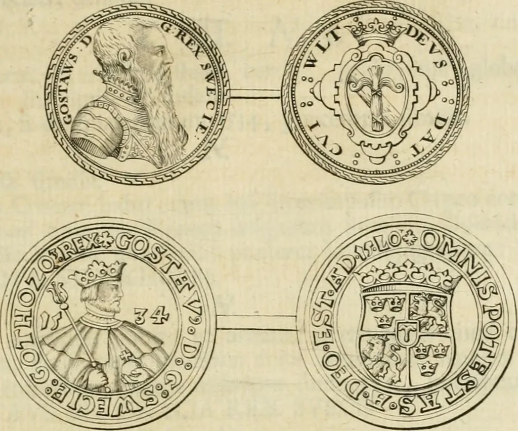 An illustration from Thesaurus nummorum sueo-gothicorum : studio indefesso Eliae Brenneri L. annorum spatio collectus, secundum seriem temporum dispositus, atqve e tenebris, cum commentatione in apricum prolatus ; accessit ejusdem auctoris Libellus de nummophylaciis Sveciae: de scriptoribus rei nummariae svethicae, atque de thesauris, seu variis vetustorum nummorum cumulis, passim per Sveoniam fortuito casu repertis, 1731, leaf 110