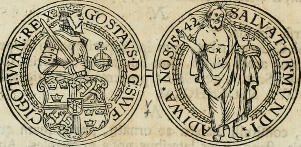 An illustration from Thesaurus nummorum sueo-gothicorum : studio indefesso Eliae Brenneri L. annorum spatio collectus, secundum seriem temporum dispositus, atqve e tenebris, cum commentatione in apricum prolatus ; accessit ejusdem auctoris Libellus de nummophylaciis Sveciae: de scriptoribus rei nummariae svethicae, atque de thesauris, seu variis vetustorum nummorum cumulis, passim per Sveoniam fortuito casu repertis, 1731, leaf 111