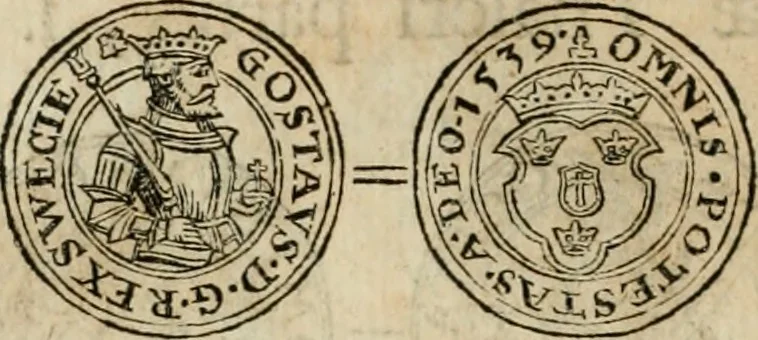An illustration from Thesaurus nummorum sueo-gothicorum : studio indefesso Eliae Brenneri L. annorum spatio collectus, secundum seriem temporum dispositus, atqve e tenebris, cum commentatione in apricum prolatus ; accessit ejusdem auctoris Libellus de nummophylaciis Sveciae: de scriptoribus rei nummariae svethicae, atque de thesauris, seu variis vetustorum nummorum cumulis, passim per Sveoniam fortuito casu repertis, 1731, leaf 117