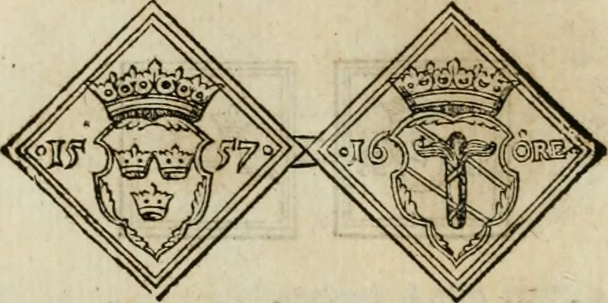 An illustration from Thesaurus nummorum sueo-gothicorum : studio indefesso Eliae Brenneri L. annorum spatio collectus, secundum seriem temporum dispositus, atqve e tenebris, cum commentatione in apricum prolatus ; accessit ejusdem auctoris Libellus de nummophylaciis Sveciae: de scriptoribus rei nummariae svethicae, atque de thesauris, seu variis vetustorum nummorum cumulis, passim per Sveoniam fortuito casu repertis, 1731, leaf 121