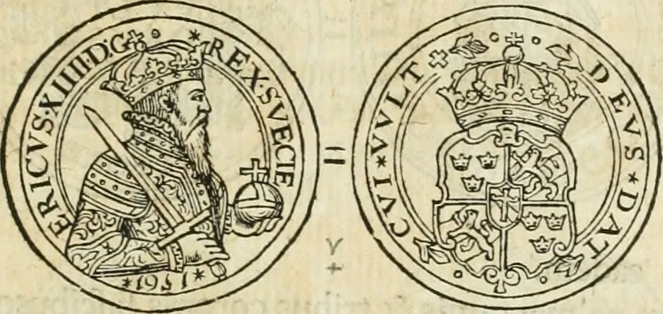 An illustration from Thesaurus nummorum sueo-gothicorum : studio indefesso Eliae Brenneri L. annorum spatio collectus, secundum seriem temporum dispositus, atqve e tenebris, cum commentatione in apricum prolatus ; accessit ejusdem auctoris Libellus de nummophylaciis Sveciae: de scriptoribus rei nummariae svethicae, atque de thesauris, seu variis vetustorum nummorum cumulis, passim per Sveoniam fortuito casu repertis, 1731, leaf 128