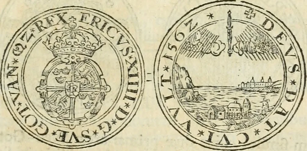 An illustration from Thesaurus nummorum sueo-gothicorum : studio indefesso Eliae Brenneri L. annorum spatio collectus, secundum seriem temporum dispositus, atqve e tenebris, cum commentatione in apricum prolatus ; accessit ejusdem auctoris Libellus de nummophylaciis Sveciae: de scriptoribus rei nummariae svethicae, atque de thesauris, seu variis vetustorum nummorum cumulis, passim per Sveoniam fortuito casu repertis, 1731, leaf 128