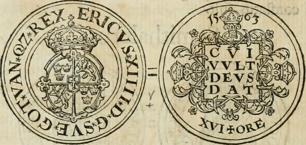 An illustration from Thesaurus nummorum sueo-gothicorum : studio indefesso Eliae Brenneri L. annorum spatio collectus, secundum seriem temporum dispositus, atqve e tenebris, cum commentatione in apricum prolatus ; accessit ejusdem auctoris Libellus de nummophylaciis Sveciae: de scriptoribus rei nummariae svethicae, atque de thesauris, seu variis vetustorum nummorum cumulis, passim per Sveoniam fortuito casu repertis, 1731, leaf 129
