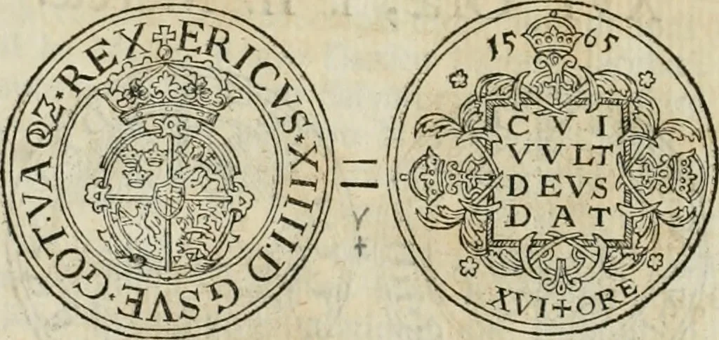 An illustration from Thesaurus nummorum sueo-gothicorum : studio indefesso Eliae Brenneri L. annorum spatio collectus, secundum seriem temporum dispositus, atqve e tenebris, cum commentatione in apricum prolatus ; accessit ejusdem auctoris Libellus de nummophylaciis Sveciae: de scriptoribus rei nummariae svethicae, atque de thesauris, seu variis vetustorum nummorum cumulis, passim per Sveoniam fortuito casu repertis, 1731, leaf 129