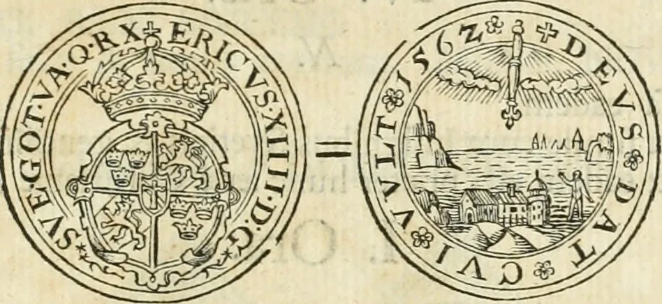 An illustration from Thesaurus nummorum sueo-gothicorum : studio indefesso Eliae Brenneri L. annorum spatio collectus, secundum seriem temporum dispositus, atqve e tenebris, cum commentatione in apricum prolatus ; accessit ejusdem auctoris Libellus de nummophylaciis Sveciae: de scriptoribus rei nummariae svethicae, atque de thesauris, seu variis vetustorum nummorum cumulis, passim per Sveoniam fortuito casu repertis, 1731, leaf 130