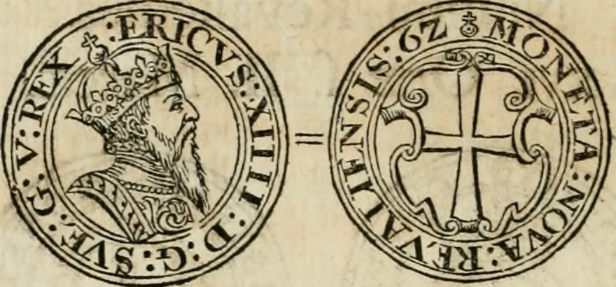 An illustration from Thesaurus nummorum sueo-gothicorum : studio indefesso Eliae Brenneri L. annorum spatio collectus, secundum seriem temporum dispositus, atqve e tenebris, cum commentatione in apricum prolatus ; accessit ejusdem auctoris Libellus de nummophylaciis Sveciae: de scriptoribus rei nummariae svethicae, atque de thesauris, seu variis vetustorum nummorum cumulis, passim per Sveoniam fortuito casu repertis, 1731, leaf 135