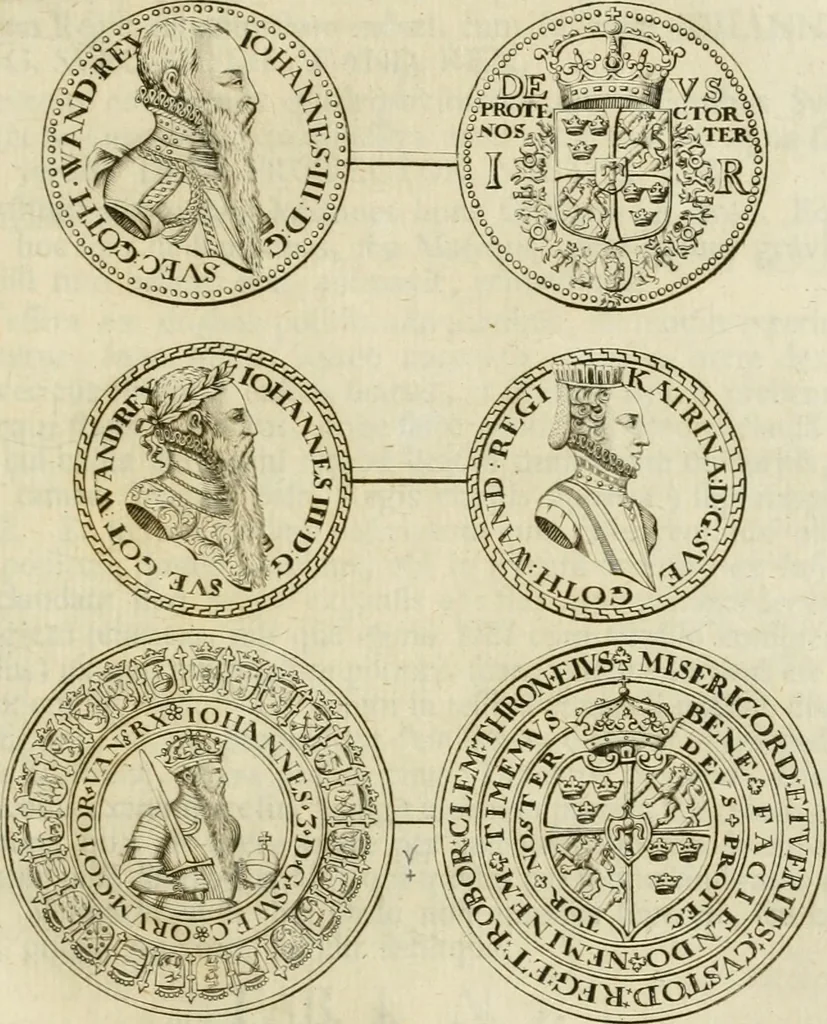 An illustration from Thesaurus nummorum sueo-gothicorum : studio indefesso Eliae Brenneri L. annorum spatio collectus, secundum seriem temporum dispositus, atqve e tenebris, cum commentatione in apricum prolatus ; accessit ejusdem auctoris Libellus de nummophylaciis Sveciae: de scriptoribus rei nummariae svethicae, atque de thesauris, seu variis vetustorum nummorum cumulis, passim per Sveoniam fortuito casu repertis, 1731, leaf 142
