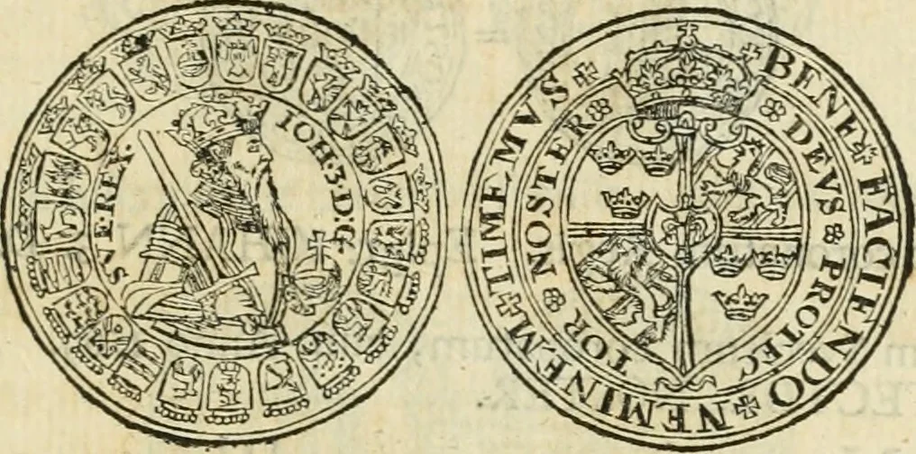 An illustration from Thesaurus nummorum sueo-gothicorum : studio indefesso Eliae Brenneri L. annorum spatio collectus, secundum seriem temporum dispositus, atqve e tenebris, cum commentatione in apricum prolatus ; accessit ejusdem auctoris Libellus de nummophylaciis Sveciae: de scriptoribus rei nummariae svethicae, atque de thesauris, seu variis vetustorum nummorum cumulis, passim per Sveoniam fortuito casu repertis, 1731, leaf 146