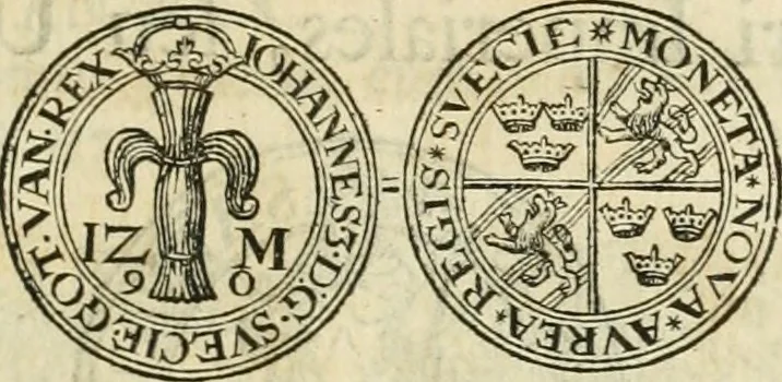 An illustration from Thesaurus nummorum sueo-gothicorum : studio indefesso Eliae Brenneri L. annorum spatio collectus, secundum seriem temporum dispositus, atqve e tenebris, cum commentatione in apricum prolatus ; accessit ejusdem auctoris Libellus de nummophylaciis Sveciae: de scriptoribus rei nummariae svethicae, atque de thesauris, seu variis vetustorum nummorum cumulis, passim per Sveoniam fortuito casu repertis, 1731, leaf 148