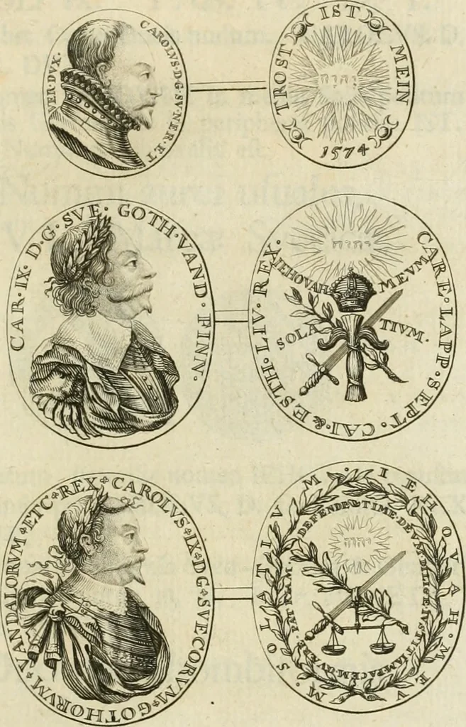 An illustration from Thesaurus nummorum sueo-gothicorum : studio indefesso Eliae Brenneri L. annorum spatio collectus, secundum seriem temporum dispositus, atqve e tenebris, cum commentatione in apricum prolatus ; accessit ejusdem auctoris Libellus de nummophylaciis Sveciae: de scriptoribus rei nummariae svethicae, atque de thesauris, seu variis vetustorum nummorum cumulis, passim per Sveoniam fortuito casu repertis, 1731, leaf 172