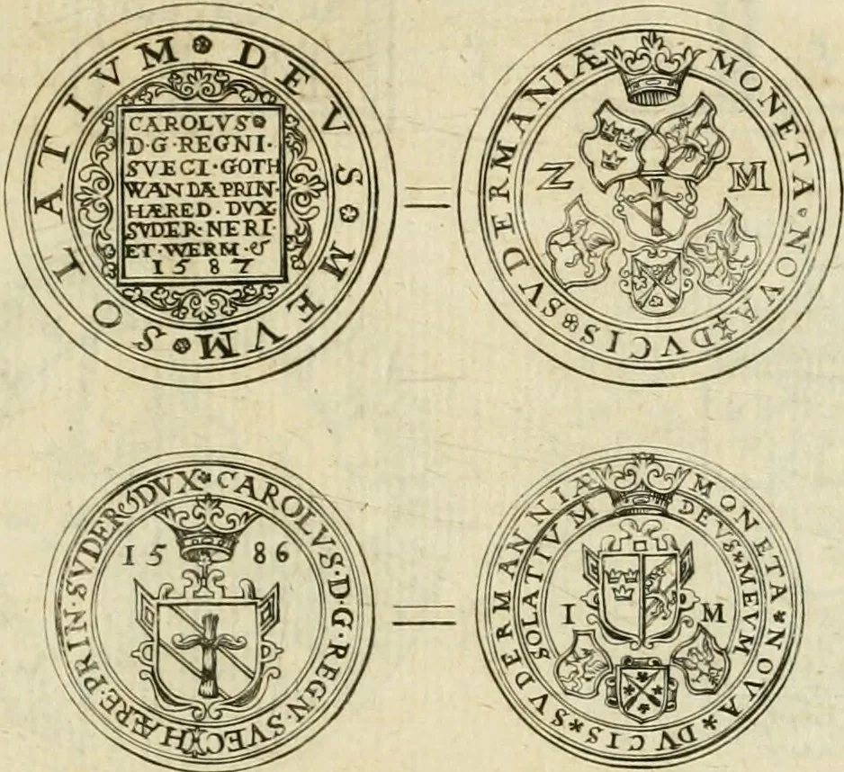 An illustration from Thesaurus nummorum sueo-gothicorum : studio indefesso Eliae Brenneri L. annorum spatio collectus, secundum seriem temporum dispositus, atqve e tenebris, cum commentatione in apricum prolatus ; accessit ejusdem auctoris Libellus de nummophylaciis Sveciae: de scriptoribus rei nummariae svethicae, atque de thesauris, seu variis vetustorum nummorum cumulis, passim per Sveoniam fortuito casu repertis, 1731, leaf 176