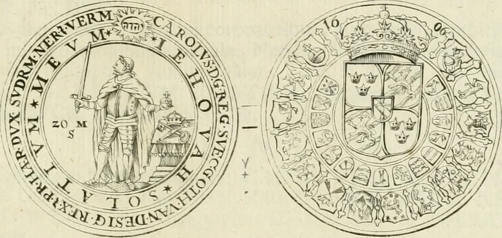 An illustration from Thesaurus nummorum sueo-gothicorum : studio indefesso Eliae Brenneri L. annorum spatio collectus, secundum seriem temporum dispositus, atqve e tenebris, cum commentatione in apricum prolatus ; accessit ejusdem auctoris Libellus de nummophylaciis Sveciae: de scriptoribus rei nummariae svethicae, atque de thesauris, seu variis vetustorum nummorum cumulis, passim per Sveoniam fortuito casu repertis, 1731, leaf 178
