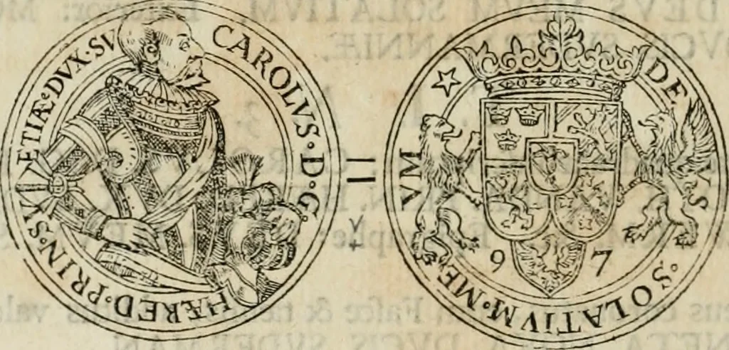 An illustration from Thesaurus nummorum sueo-gothicorum : studio indefesso Eliae Brenneri L. annorum spatio collectus, secundum seriem temporum dispositus, atqve e tenebris, cum commentatione in apricum prolatus ; accessit ejusdem auctoris Libellus de nummophylaciis Sveciae: de scriptoribus rei nummariae svethicae, atque de thesauris, seu variis vetustorum nummorum cumulis, passim per Sveoniam fortuito casu repertis, 1731, leaf 181