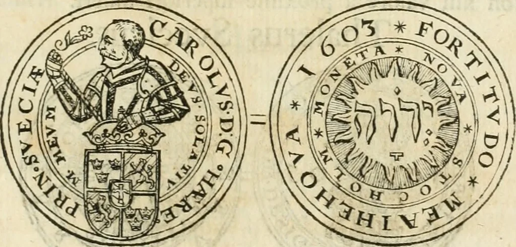 An illustration from Thesaurus nummorum sueo-gothicorum : studio indefesso Eliae Brenneri L. annorum spatio collectus, secundum seriem temporum dispositus, atqve e tenebris, cum commentatione in apricum prolatus ; accessit ejusdem auctoris Libellus de nummophylaciis Sveciae: de scriptoribus rei nummariae svethicae, atque de thesauris, seu variis vetustorum nummorum cumulis, passim per Sveoniam fortuito casu repertis, 1731, leaf 182