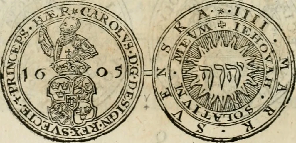 An illustration from Thesaurus nummorum sueo-gothicorum : studio indefesso Eliae Brenneri L. annorum spatio collectus, secundum seriem temporum dispositus, atqve e tenebris, cum commentatione in apricum prolatus ; accessit ejusdem auctoris Libellus de nummophylaciis Sveciae: de scriptoribus rei nummariae svethicae, atque de thesauris, seu variis vetustorum nummorum cumulis, passim per Sveoniam fortuito casu repertis, 1731, leaf 183