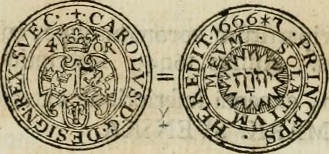 An illustration from Thesaurus nummorum sueo-gothicorum : studio indefesso Eliae Brenneri L. annorum spatio collectus, secundum seriem temporum dispositus, atqve e tenebris, cum commentatione in apricum prolatus ; accessit ejusdem auctoris Libellus de nummophylaciis Sveciae: de scriptoribus rei nummariae svethicae, atque de thesauris, seu variis vetustorum nummorum cumulis, passim per Sveoniam fortuito casu repertis, 1731, leaf 185