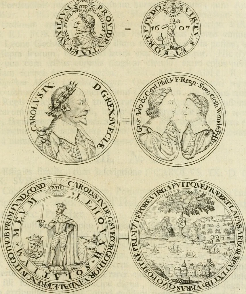 An illustration from Thesaurus nummorum sueo-gothicorum : studio indefesso Eliae Brenneri L. annorum spatio collectus, secundum seriem temporum dispositus, atqve e tenebris, cum commentatione in apricum prolatus ; accessit ejusdem auctoris Libellus de nummophylaciis Sveciae: de scriptoribus rei nummariae svethicae, atque de thesauris, seu variis vetustorum nummorum cumulis, passim per Sveoniam fortuito casu repertis, 1731, leaf 190