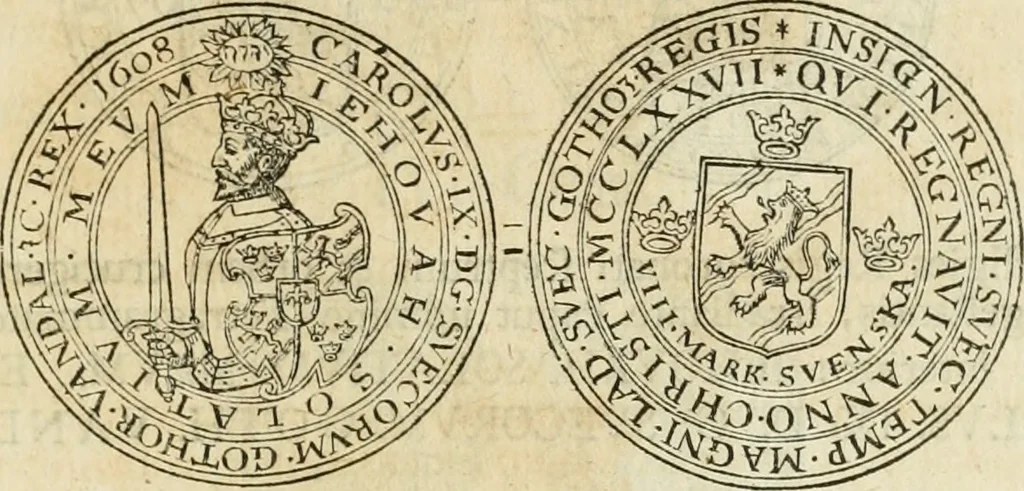 An illustration from Thesaurus nummorum sueo-gothicorum : studio indefesso Eliae Brenneri L. annorum spatio collectus, secundum seriem temporum dispositus, atqve e tenebris, cum commentatione in apricum prolatus ; accessit ejusdem auctoris Libellus de nummophylaciis Sveciae: de scriptoribus rei nummariae svethicae, atque de thesauris, seu variis vetustorum nummorum cumulis, passim per Sveoniam fortuito casu repertis, 1731, leaf 200