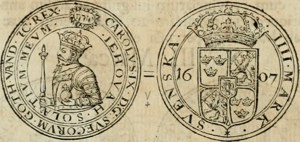 An illustration from Thesaurus nummorum sueo-gothicorum : studio indefesso Eliae Brenneri L. annorum spatio collectus, secundum seriem temporum dispositus, atqve e tenebris, cum commentatione in apricum prolatus ; accessit ejusdem auctoris Libellus de nummophylaciis Sveciae: de scriptoribus rei nummariae svethicae, atque de thesauris, seu variis vetustorum nummorum cumulis, passim per Sveoniam fortuito casu repertis, 1731, leaf 201