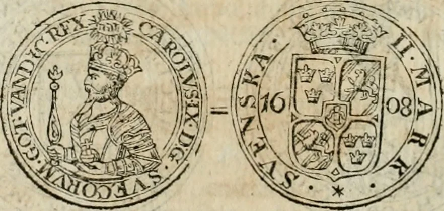 An illustration from Thesaurus nummorum sueo-gothicorum : studio indefesso Eliae Brenneri L. annorum spatio collectus, secundum seriem temporum dispositus, atqve e tenebris, cum commentatione in apricum prolatus ; accessit ejusdem auctoris Libellus de nummophylaciis Sveciae: de scriptoribus rei nummariae svethicae, atque de thesauris, seu variis vetustorum nummorum cumulis, passim per Sveoniam fortuito casu repertis, 1731, leaf 201