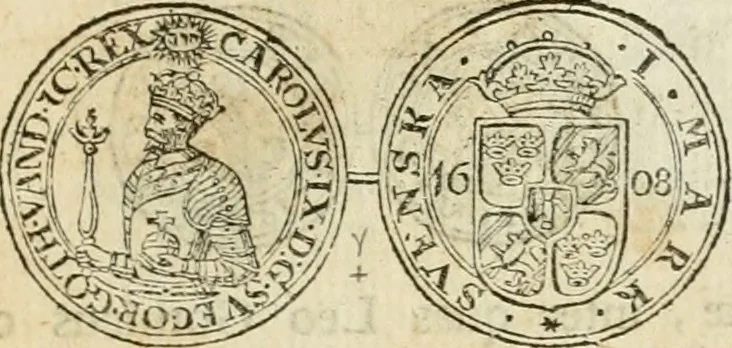 An illustration from Thesaurus nummorum sueo-gothicorum : studio indefesso Eliae Brenneri L. annorum spatio collectus, secundum seriem temporum dispositus, atqve e tenebris, cum commentatione in apricum prolatus ; accessit ejusdem auctoris Libellus de nummophylaciis Sveciae: de scriptoribus rei nummariae svethicae, atque de thesauris, seu variis vetustorum nummorum cumulis, passim per Sveoniam fortuito casu repertis, 1731, leaf 202