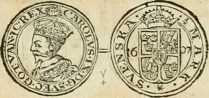 An illustration from Thesaurus nummorum sueo-gothicorum : studio indefesso Eliae Brenneri L. annorum spatio collectus, secundum seriem temporum dispositus, atqve e tenebris, cum commentatione in apricum prolatus ; accessit ejusdem auctoris Libellus de nummophylaciis Sveciae: de scriptoribus rei nummariae svethicae, atque de thesauris, seu variis vetustorum nummorum cumulis, passim per Sveoniam fortuito casu repertis, 1731, leaf 202