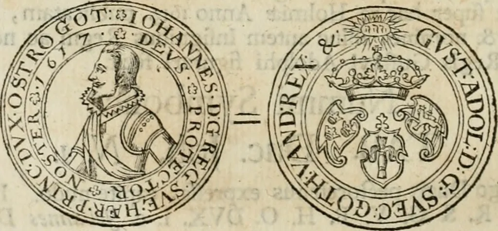 An illustration from Thesaurus nummorum sueo-gothicorum : studio indefesso Eliae Brenneri L. annorum spatio collectus, secundum seriem temporum dispositus, atqve e tenebris, cum commentatione in apricum prolatus ; accessit ejusdem auctoris Libellus de nummophylaciis Sveciae: de scriptoribus rei nummariae svethicae, atque de thesauris, seu variis vetustorum nummorum cumulis, passim per Sveoniam fortuito casu repertis, 1731, leaf 207