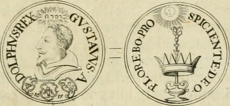 An illustration from Thesaurus nummorum sueo-gothicorum : studio indefesso Eliae Brenneri L. annorum spatio collectus, secundum seriem temporum dispositus, atqve e tenebris, cum commentatione in apricum prolatus ; accessit ejusdem auctoris Libellus de nummophylaciis Sveciae: de scriptoribus rei nummariae svethicae, atque de thesauris, seu variis vetustorum nummorum cumulis, passim per Sveoniam fortuito casu repertis, 1731, leaf 210