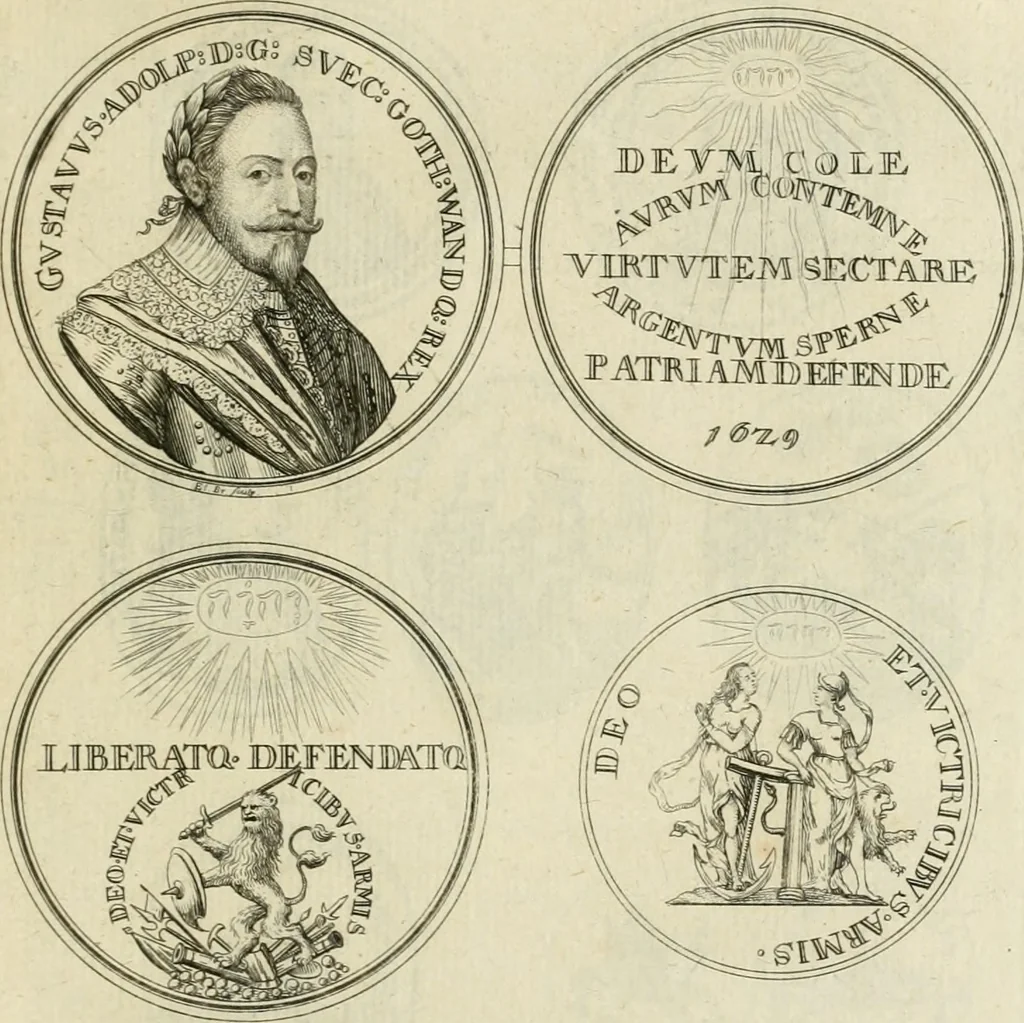 An illustration from Thesaurus nummorum sueo-gothicorum : studio indefesso Eliae Brenneri L. annorum spatio collectus, secundum seriem temporum dispositus, atqve e tenebris, cum commentatione in apricum prolatus ; accessit ejusdem auctoris Libellus de nummophylaciis Sveciae: de scriptoribus rei nummariae svethicae, atque de thesauris, seu variis vetustorum nummorum cumulis, passim per Sveoniam fortuito casu repertis, 1731, leaf 216