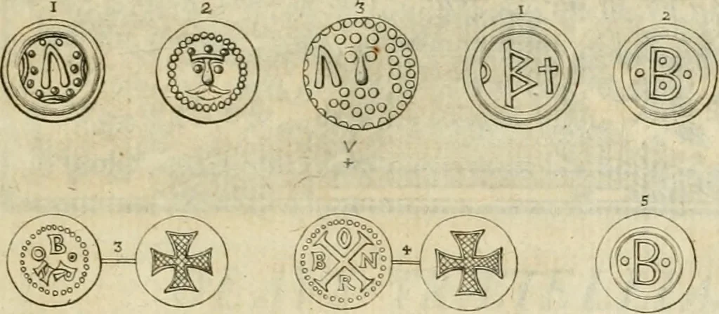 An illustration from Thesaurus nummorum sueo-gothicorum : studio indefesso Eliae Brenneri L. annorum spatio collectus, secundum seriem temporum dispositus, atqve e tenebris, cum commentatione in apricum prolatus ; accessit ejusdem auctoris Libellus de nummophylaciis Sveciae: de scriptoribus rei nummariae svethicae, atque de thesauris, seu variis vetustorum nummorum cumulis, passim per Sveoniam fortuito casu repertis, 1731, leaf 22