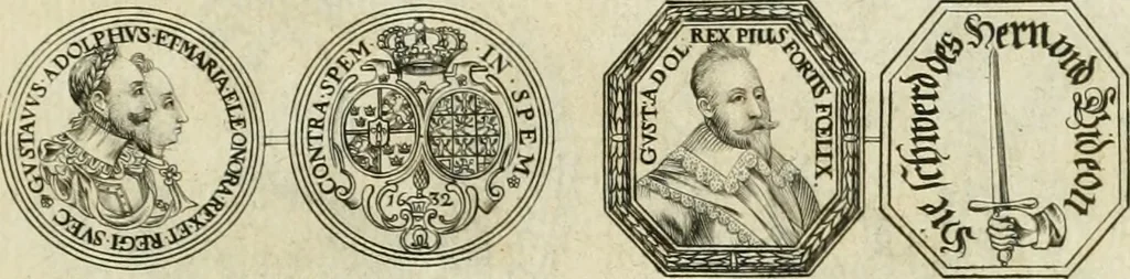 An illustration from Thesaurus nummorum sueo-gothicorum : studio indefesso Eliae Brenneri L. annorum spatio collectus, secundum seriem temporum dispositus, atqve e tenebris, cum commentatione in apricum prolatus ; accessit ejusdem auctoris Libellus de nummophylaciis Sveciae: de scriptoribus rei nummariae svethicae, atque de thesauris, seu variis vetustorum nummorum cumulis, passim per Sveoniam fortuito casu repertis, 1731, leaf 222