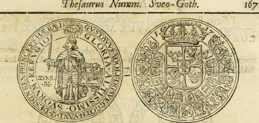 An illustration from Thesaurus nummorum sueo-gothicorum : studio indefesso Eliae Brenneri L. annorum spatio collectus, secundum seriem temporum dispositus, atqve e tenebris, cum commentatione in apricum prolatus ; accessit ejusdem auctoris Libellus de nummophylaciis Sveciae: de scriptoribus rei nummariae svethicae, atque de thesauris, seu variis vetustorum nummorum cumulis, passim per Sveoniam fortuito casu repertis, 1731, leaf 256