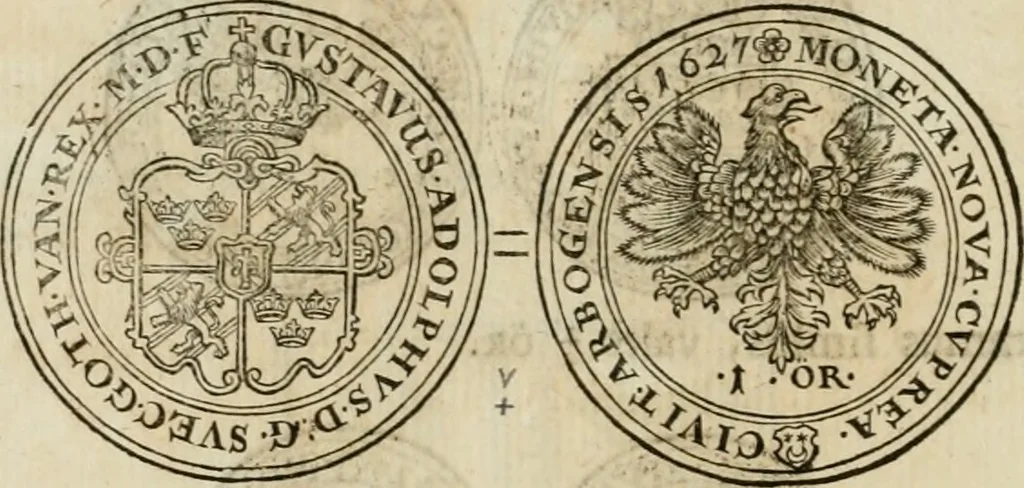 An illustration from Thesaurus nummorum sueo-gothicorum : studio indefesso Eliae Brenneri L. annorum spatio collectus, secundum seriem temporum dispositus, atqve e tenebris, cum commentatione in apricum prolatus ; accessit ejusdem auctoris Libellus de nummophylaciis Sveciae: de scriptoribus rei nummariae svethicae, atque de thesauris, seu variis vetustorum nummorum cumulis, passim per Sveoniam fortuito casu repertis, 1731, leaf 269