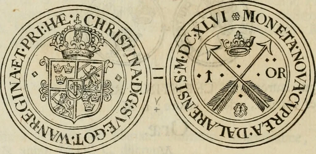 An illustration from Thesaurus nummorum sueo-gothicorum : studio indefesso Eliae Brenneri L. annorum spatio collectus, secundum seriem temporum dispositus, atqve e tenebris, cum commentatione in apricum prolatus ; accessit ejusdem auctoris Libellus de nummophylaciis Sveciae: de scriptoribus rei nummariae svethicae, atque de thesauris, seu variis vetustorum nummorum cumulis, passim per Sveoniam fortuito casu repertis, 1731, leaf 307